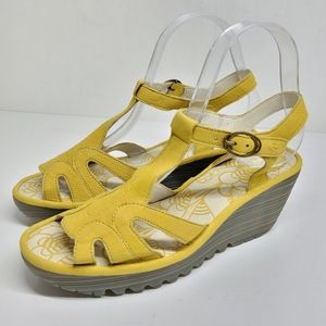 Fly London Yini Lemon Leather T Bar Wedge Sandal